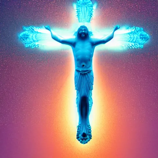 Prompt: a crystalline 3 d mandelbulb fractal in the shape of jesus christ on the cross, bioluminescent opal, fractal, magnificent lighting, ethereal, ray tracing, octane