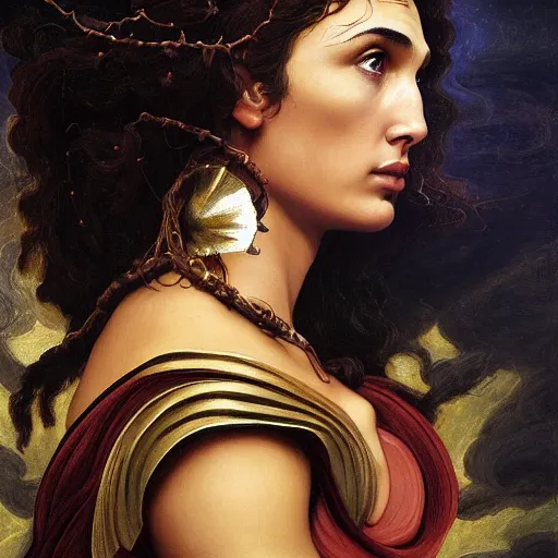 Image similar to Head and shoulders masterpiece portrait oil painting of the beautiful goddess Gal Gadot as Atenea, she is wearing roman clothes and a surreal jewelry, her hair is natural disheveled, she is approaching heaven over the clouds, naturalism, dramatic lighting, high-detailed oil painting by Ilya Repin, Michelangelo da Caravaggio, William Blake, Alex Grey and Beksinski, trending on Artsation, hystorical painting, naturalism, masterpiece, 4k, 8k,