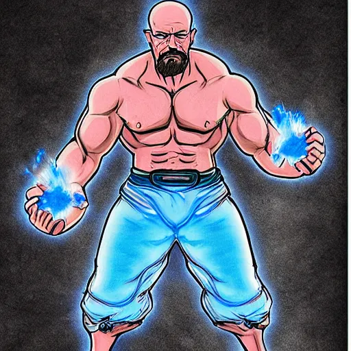 Image similar to buff Walter White Hadoken a ball of blue fire, accurate anatomy, accurate hands, highly detailed, digital art,