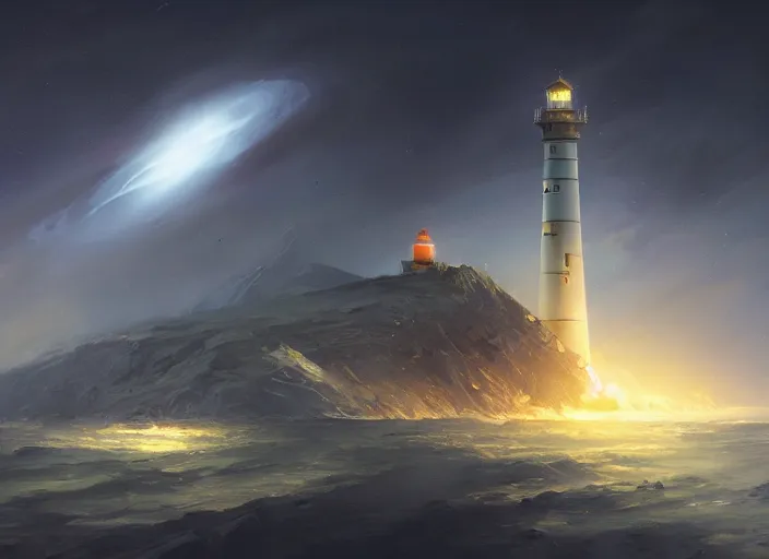 Image similar to a lighthouse in space, meteors, air shot, elegant, digital painting, concept art, smooth, sharp focus, illustration, from StarCraft by Ruan Jia and Mandy Jurgens and Artgerm and William-Adolphe Bouguerea