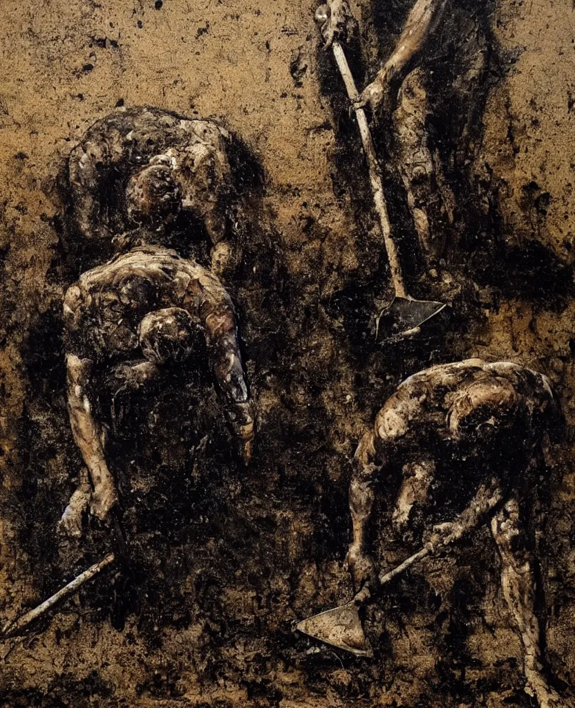 Prompt: a man with a shovel standing digging up a grave with a dead body, by Nicola Samori, painting, 8k, high detail