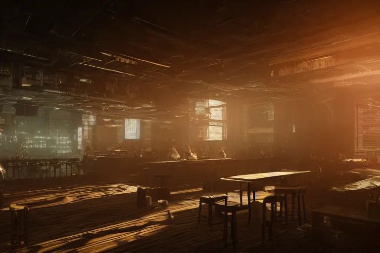 Prompt: ultra mega super hyper realistic Digital concept interior design of cyberpunk tavern. Natural white sunlight from the transperient roof. Rendered in VRAY and DaVinci Resolve and MAXWELL and LUMION 3D, Volumetric natural light