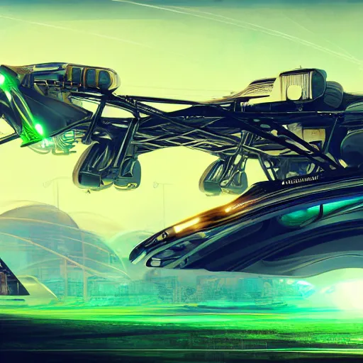 Image similar to solarpunk hovercar, clean energy, green technology, highway, sunny day, futurism, intricate, engines, glow, highly detailed, drone wings, peaceful, utopia, bright, digital painting, artstation, concept art, smooth, sharp focus, epic landscape, art by akihiko yoshida and tim mcburnie and anato finnstark