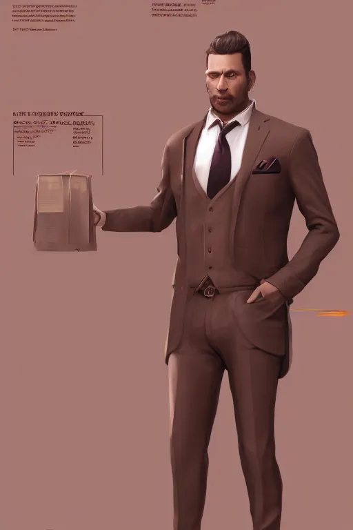 Image similar to a rich daddy, 3 6 years old, wear brown suits, stubble, cramel hair, character concept art, octane render, trending by artstation, artbreeder