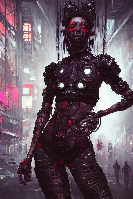 Prompt: Dark cyberpunk geisha. Biopunk, body armor, high detail, photorealism, full length view, concept art, Dan Mumford, Greg Rutkowski, Quixel Megascans, octane render, 16k, 8k, photoillustration