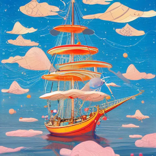 Image similar to a sailing ship in the sea with bubbles floating and a whale in the sky by takashi murakami,, beeple and james jean, aya takano color style, 4 k, super detailed, night sky, digital art, digital painting, celestial, majestic, colorful