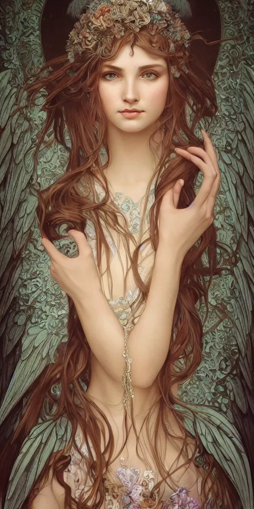 Prompt: a photograpic portrait of a pretty woman, angel, fantasy, intricate, elegant, highly detailed, digital painting, artstation, centered, concept art, smooth, sharp focus, illustration, art by artgerm and h r giger and alphonse mucha