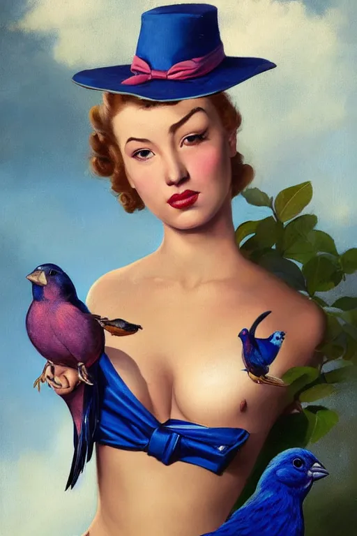 Image similar to hyper realistic painting, tasteful pinup girl holding an indigo bunting, bird, the bird is wearing a bowtie, by greg rutkowski, rossdraws, gil elvgren, enoch bolles, anime, porcelain skin, very coherent