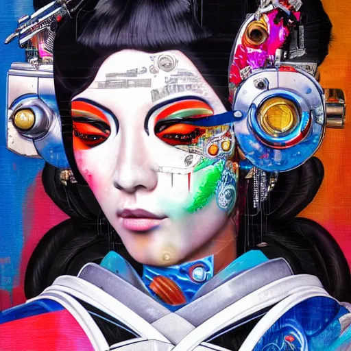 Image similar to portrait of cyborg geisha by sandra chevrier, by makoto shinkai, cybernetics, glamor shot, closeup, vivid colours, hyper realistic detailed intricate render, hypermaximalist, ornate, epic composition, sharp focus, masterpiece