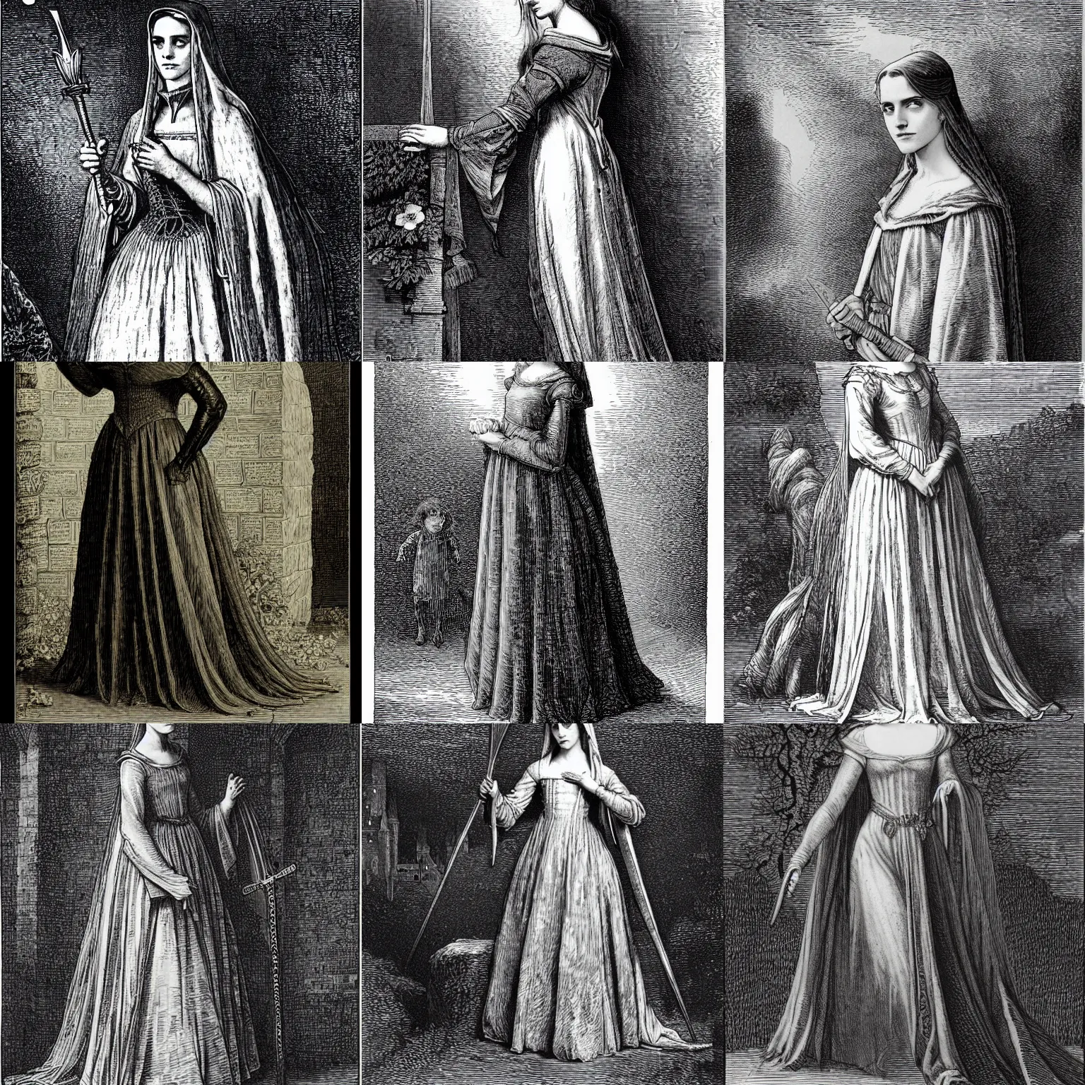 Prompt: emma watson as as a medieval woman, illustration by Gustave Doré