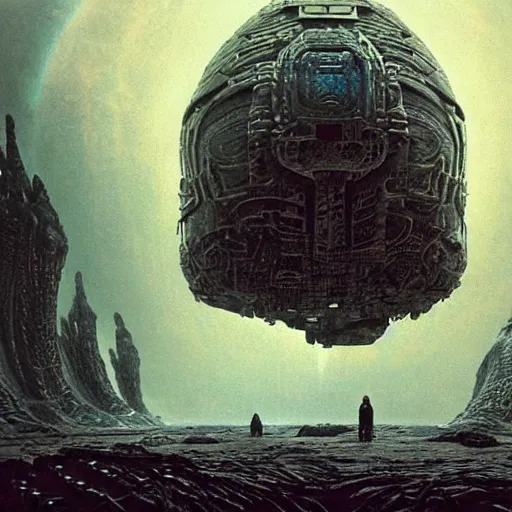Image similar to scene from prometheus movie, hr giger artlilery spaceship lands in an alien landscape, filigree ornaments, volumetric lights, simon stalenhag, beksinski