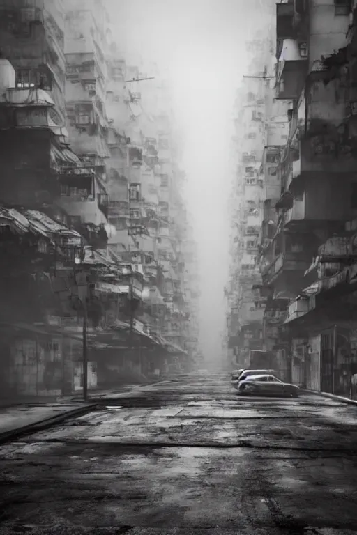 Prompt: nuclear winter, abandoned street of hong kong, near future, fantasy, sci - fi, hyper realistic, serene, morning.