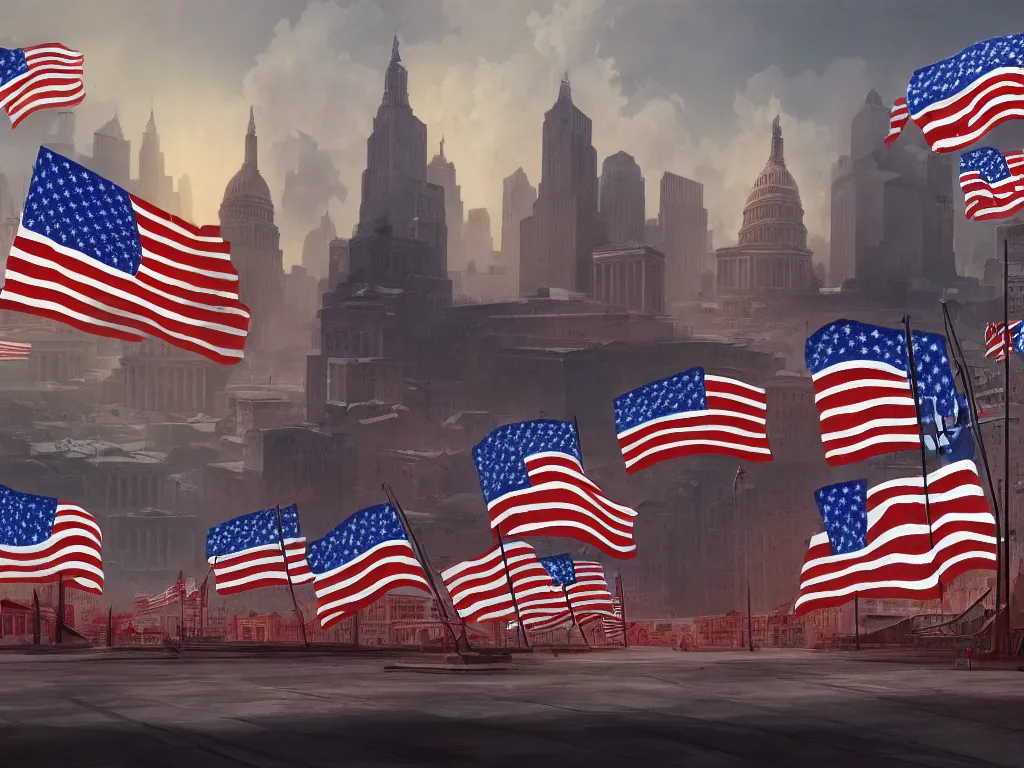 Image similar to landscape matte painting of a communist american state capital showing the triumph of communism in america, socialist american state flags, socialist statues, digital painting, modern city scape, conflict, camaraderie, sacrifice, hope, highly detailed, 4 k, artstation, photorealistic, architecture, america 2 0 9 8 by fan wennan