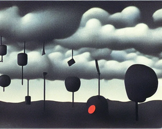 Prompt: Yves Tanguy. Magritte. Hazy polaroid collage. black cubes made of metal, concrete, and slime falling from the sky. the sum of the parts is greater than the whole. POV photos from the apocalypse. 4000 ISO. Yves Tanguy. Magritte. images that you are not supposed to see