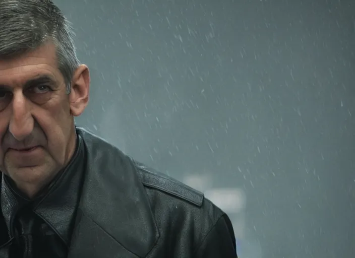 Prompt: film still andrej babis wearing leather coat as a detective in blade runner, 8 k