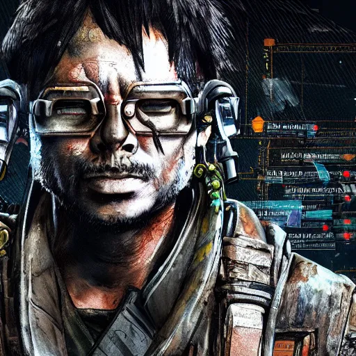 Image similar to 8K detailed realistic illustration of a post-apocalyptic cyberpunk Indonesia war general in the style of Yoji Shinkawa, high resolution