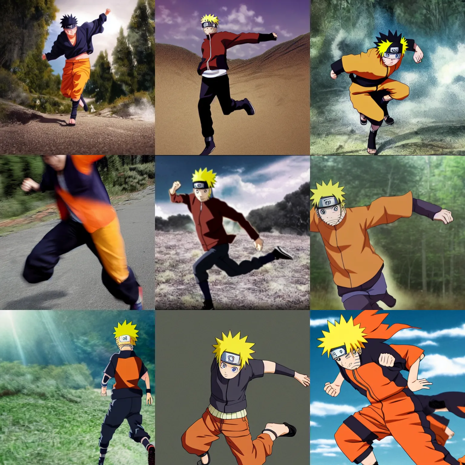 Prompt: photo of Naruto running while leaning forward with his arms outstretched behind him