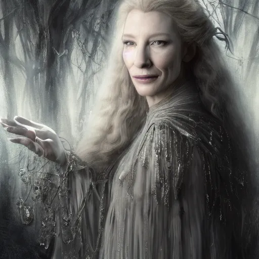 Prompt: portrait of ((mischievous)), baleful Cate Blanchett as Galadriel as a queen of fairies, dressed in a beautiful silver dress. The background is a dark, creepy eastern europen forrest. night, horroristic shadows, high contrasts, lumnious, (mist filters), theatrical, character concept art by ruan jia, thomas kinkade, and J.Dickenson, trending on Artstation