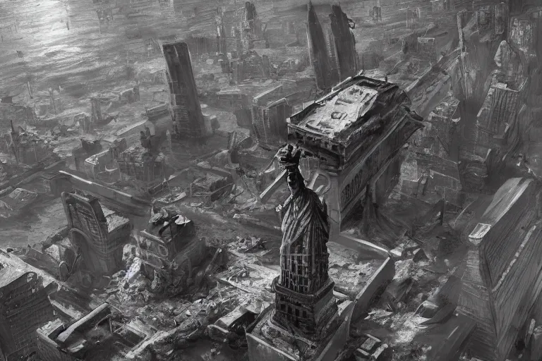 Image similar to The statue of liberty falling apart and rotted after nuclear fallout, city of new york wasteland, concept art by Ray Lederer, fallout concept art, wallpaper, trending on art station