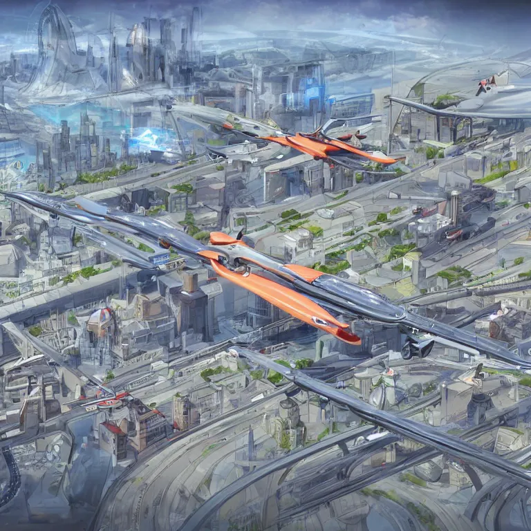 Image similar to flying cars in the city some stop at stations, concept art