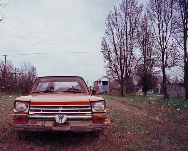 Image similar to a lomographic photo of old lada 2 1 0 7 standing in typical soviet yard in small town, hrushevka on background, cinestill, bokeh