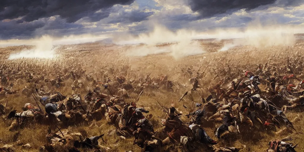 Image similar to wide - angle action shot from the battle of little bighorn ( 1 8 7 6 ), majestic action, cinematic lighting, dramatic lighting, hyperdetailed, artstation, cgsociety, 8 k, imax 7 0 mm