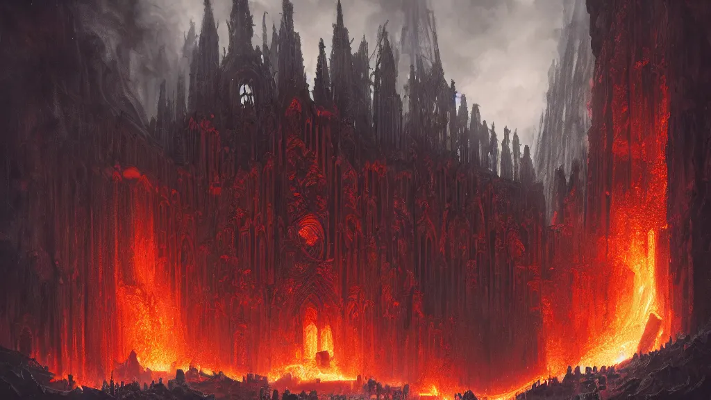 Prompt: an obsidian Sagrada Família cathedral with a giant obsidian door, in the elemental plane of fire, with rivers of lava surrounding it, Dungeon and Dragon illustration, painted by Greg Rutkowski, 4k, trending on ArtStation
