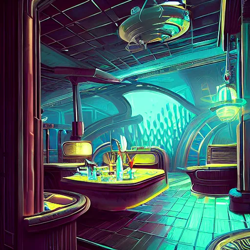 Prompt: beautiful Peter Mohrbach and tyler edlin highly detailed illustration of an underwater art deco lounge. bioshock, rapture, trending on artstation