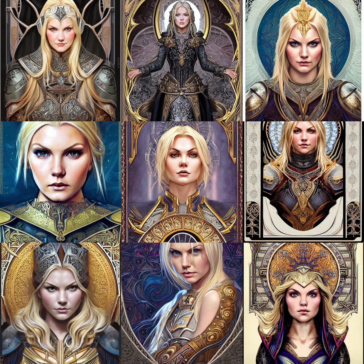 Image similar to head-on symmetrical centered painted portrait, Elisha Cuthbert as a paladin, blonde hair, ornate iron armour, art nouveau, tarot card style, medieval robes, fantasy, intricate, elegant, highly detailed, smooth, sharp focus, illustration, artstation, in the style of Artgerm and Anna Podedworna and Alex Ross and Mucha