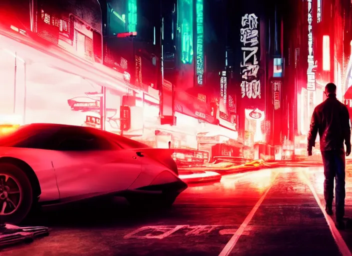 Image similar to Bladerunner2049 street racing man leaning cool pose on his white sports car with red emissives volumetric lighting Cyberpunk RTX ray marching street