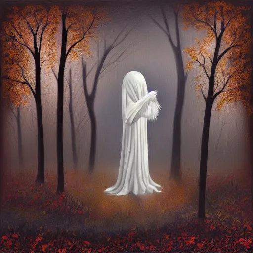 Prompt: ominous bedsheet ghost floating in a dark autumn forest, oil painting, brush strokes, gloomy foggy atmosphere, symmetrical, full body image, highly ornate intricate details,