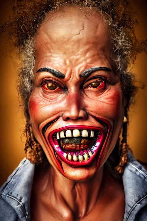 Image similar to real life big mom, pulitzer award, captured by nikon d 8 5 0, 4 k, body features, face features, bokeh, anatomy features, object features, dynamic lighting, by artgerm and daniel berehulak and adnan abidi and preston gannaway