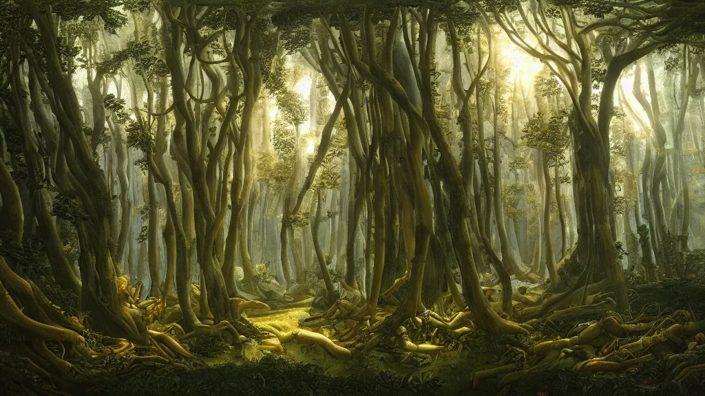 Prompt: A Sandro Botticelli oil painting of a hauntingly beautiful elven forest in the morning; rays of light coming through the canopy; trending on artstation; extraordinary masterpiece!!!!!!; 8k