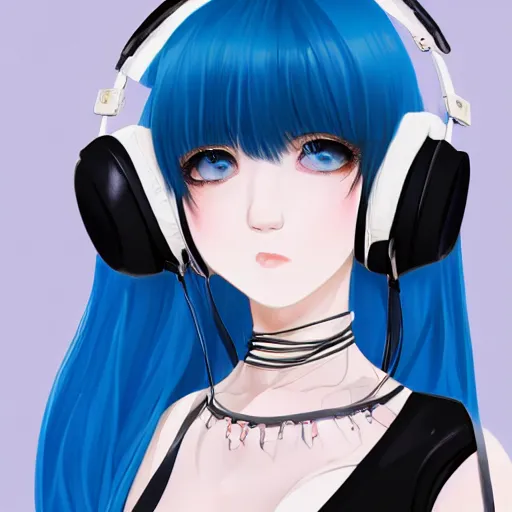 Prompt: realistic detailed semirealism beautiful gorgeous buxom hot girl natural cute excited happy Blackpink Lalisa Manoban white hair white cat ears blue eyes, wearing black camisole outfit, headphones, black leather choker artwork drawn full HD 4K high resolution quality artstyle professional artists WLOP, Aztodio, Taejune Kim, Guweiz, Pixiv, Instagram, Artstation