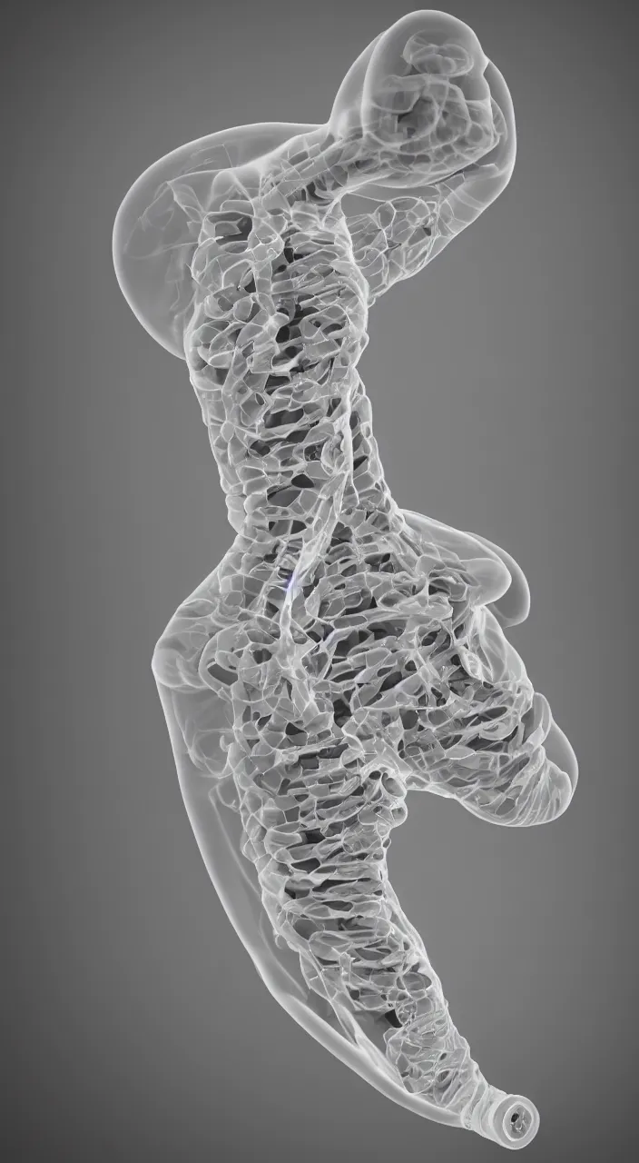 Prompt: a ceramic windpipe in the shape of a human oesophagus blowing fractal vapour, in the style of a medical drawing, unreal engine, dynamic lighting, 8k,