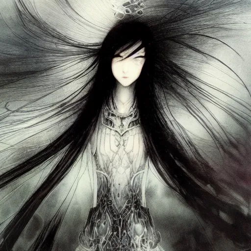 Image similar to yoshitaka amano blurred and dreamy illustration of an anime girl with black eyes, wavy white hair fluttering in the wind wearing elden ring armor and engraving, abstract black and white patterns on the background, noisy film grain effect, highly detailed, renaissance oil painting, weird portrait angle, blurred lost edges, three quarter view