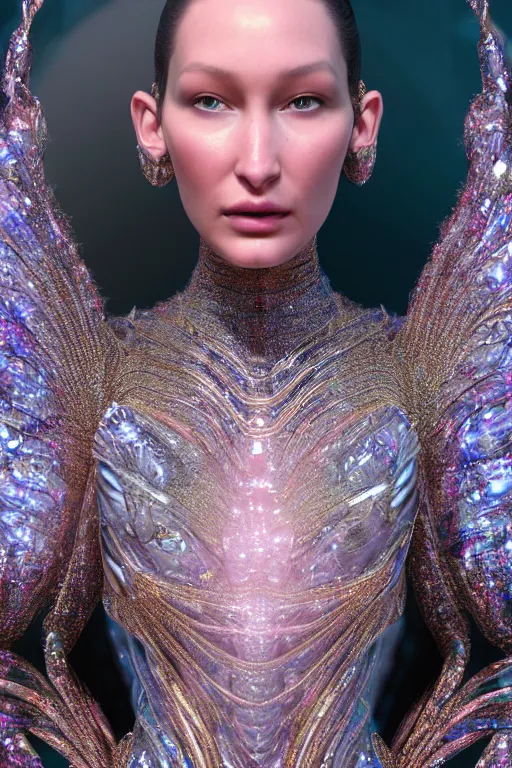 Image similar to a highly detailed metahuman 4 k close up render of an alien goddess bella hadid as andromeda in iris van herpen dress schiaparelli in diamonds crystals swarovski and jewelry in style of alphonse mucha gustav klimt trending on artstation made in unreal engine 4