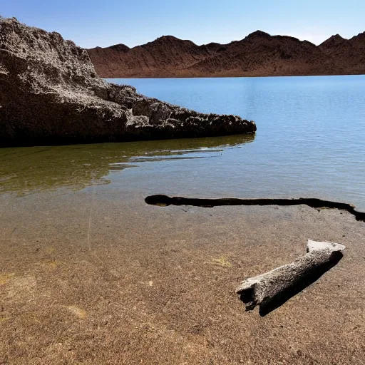 Prompt: lake meade completely empty while there is a draught, there are bones from a long dead animal near, a broken down car, and it looks like no one is around anymore, high resolution, photorealistic