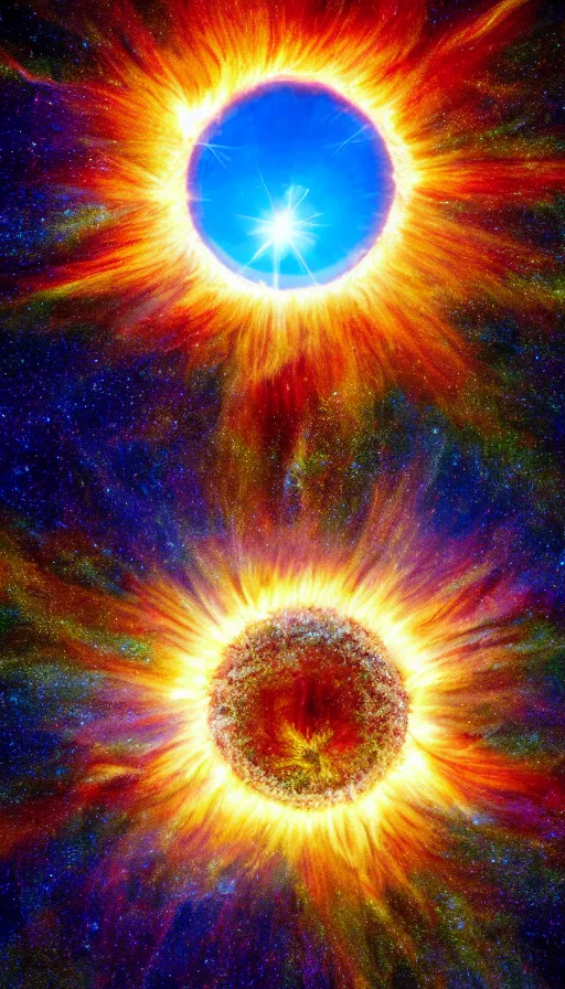 Image similar to photograph of a sun going super nova, 8k, incredible detail, psychedelic,