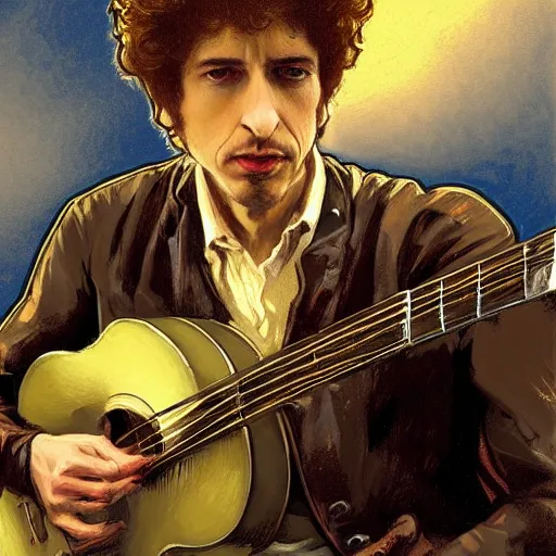 Image similar to character portrait of bob dylan riding his motor cycle and playing his guitar in the fulham football club stadium, gothic, john singer sargent, muted colors, moody colors, illustration, digital illustration, amazing values, art by j. c. leyendecker, joseph christian leyendecker, william - adolphe bouguerea, graphic style, dramatic lighting, gothic lighting