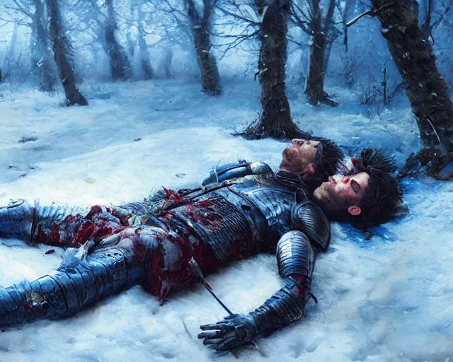 Image similar to Highly realistic oil painting of a wounded knight lying in the snow, surrounded by blue flowers, blood on flowers, by greg rutkowski, highly detailed, cinematic lighting, moody, dark