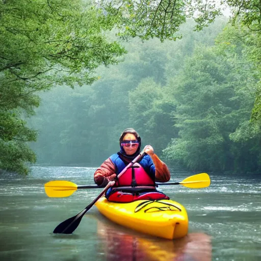 Prompt: Kayakers paddling on a foggy, meandering river winding through an oak hickory forest, in the background the river flows into outer space, a planet with rings is on the horizon, pop art