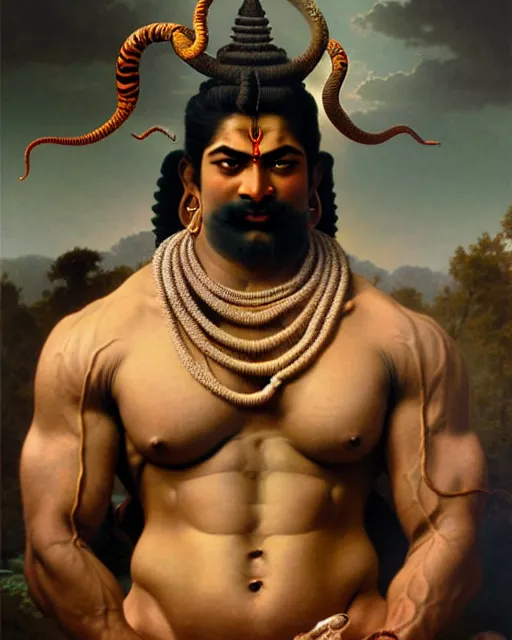 Prompt: amazing lifelike award winning realistic illustration of Angry muscular hindu God Shiva wearing sheshnaag around his neck in style of William-Adolphe Bouguereau, shiva body builder, blue skin, pumped biceps and abs, sitting on tiger skin, Himalayas in the background, hypermuscular, trending on artstation, artgerm, Greg rutkowski, alphonse mucha, cinematic, epic Lighting, photorealistic, Octane render, Unreal Engine, Art nouveau