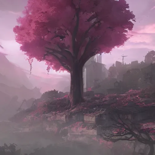 Image similar to apocalyptic ruins. pink tree growing. Atmospheric lighting, gloomy, everything is dead, post apocalyptic. Makoto Shinkai, anime, trending on ArtStation, digital art.