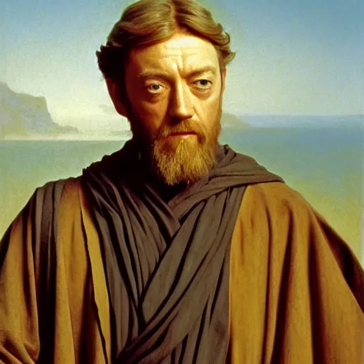 Image similar to Painting of Sir Alec Guinness as Obi-Wan Kenobi. Art by william adolphe bouguereau. During golden hour. Extremely detailed. Beautiful. 4K. Award winning.