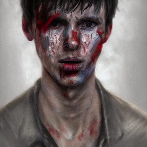 Prompt: realistic portrait painting of young man in silent hill and become mad, made by michaelangelo, physical painting, sharp focus, digital art, bright colors, fine art, trending on artstation, unreal engine.