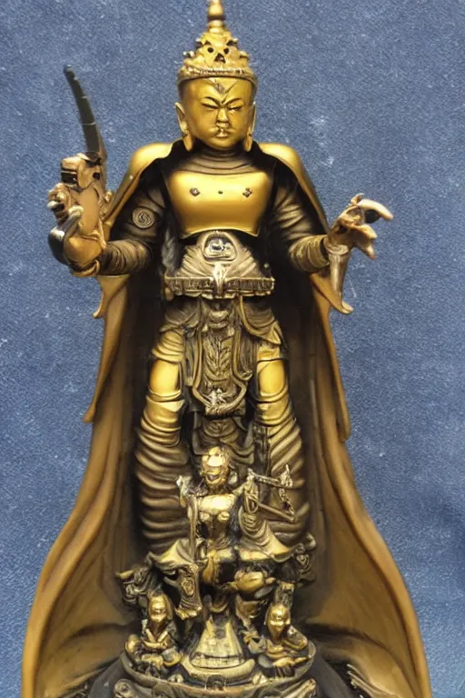 Prompt: the king of ninth hell armed with a pulse rifle, enormous neo-buddhist statue of an angry Deva, id engine 4, angry scowling bronze face