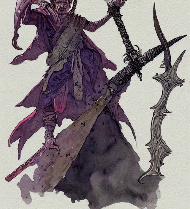 Image similar to a watercolor ink painting of a tiefling sorcerer holding an executioner's sword in the style of jean giraud in the style of moebius trending on artstation deviantart pinterest detailed realistic hd 8 k high resolution