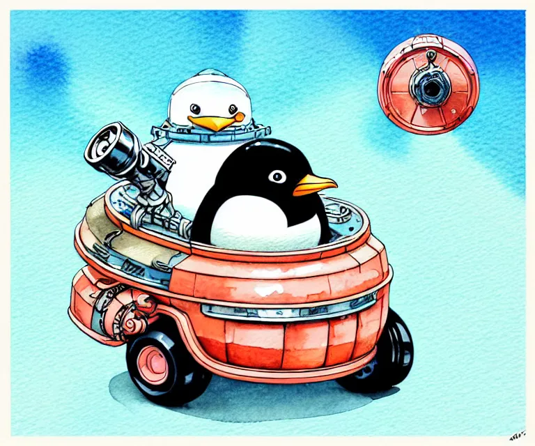 Image similar to cute and funny, penguin wearing a helmet riding in a tiny tank with a large cannon, ratfink style by ed roth, centered award winning watercolor pen illustration, isometric illustration by chihiro iwasaki, edited by range murata, tiny details by artgerm and watercolor girl, symmetrically isometrically centered, sharply focused