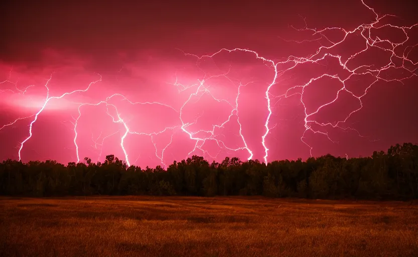 Image similar to red lightning bolts shoot from the ground, night, field, fire is visible on the horizon, high contrast, unsettling photo